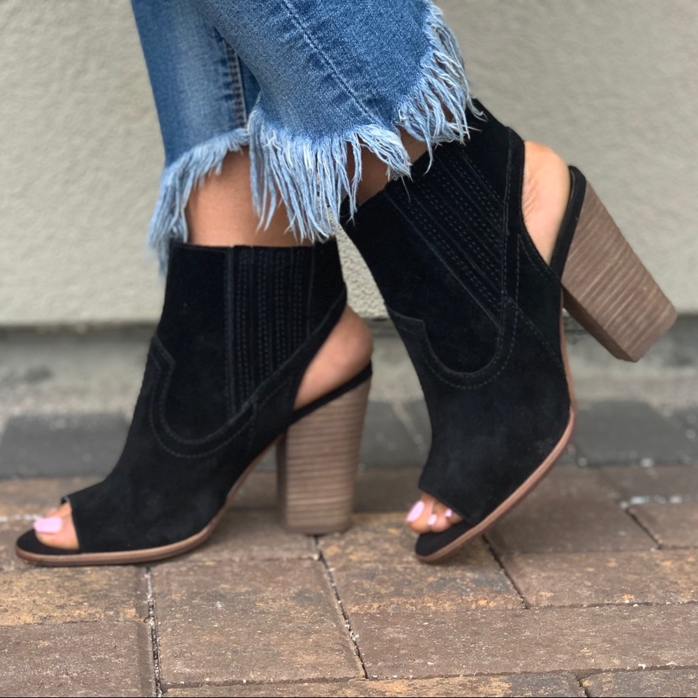 NIB Black Suede Peet Toe Open Back Ankle Bootie - Picture 3 of 8